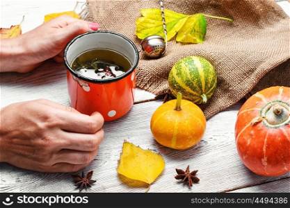 Autumn and cup with tea