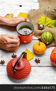 Autumn and cup with tea. Cup of tea in hand and the autumn decoration with pumpkins