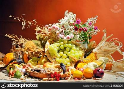 autumn arrangement with fruits and vegetables