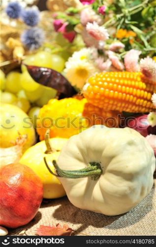 autumn arrangement with fruits and vegetables