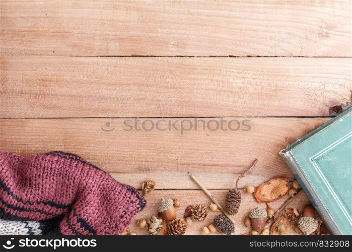 autumn background. cones,acorns and pieces of wood with a warm jacket and an old book on a wooden background. the view from the top.
