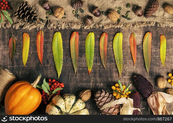 Autumn background - fallen leaves and healthy food on old wooden table. Thanksgiving day concept. Autumn background - fallen leaves and healthy food on old wooden table
