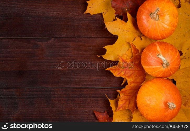 Autumn background. Ripe pumpkins and yellow fallen leaves. Harvest and Thanksgiving concept. Halloween celebrations. Copy space.. Autumn background. Ripe pumpkins and yellow fallen leaves. Harvest and Thanksgiving concept. Halloween celebrations.