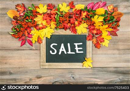 Autumn background with colorful leaves. Wooden texture. Vibrant colors. Sample text sale