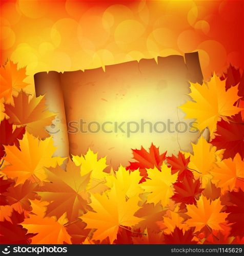 Autumn background with leaves and a paper. Vector