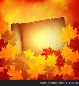 Autumn background with leaves and a paper. Vector