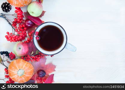 Autumn background with maple leaves, apples and pumpkins, mountain ash and plums and a cup of tea with copy space. Mockup for autumn offers. Top view, flat lay