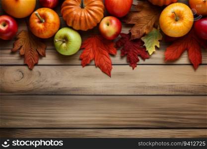 Autumn background with pumpkins, apples and leaves on wooden table