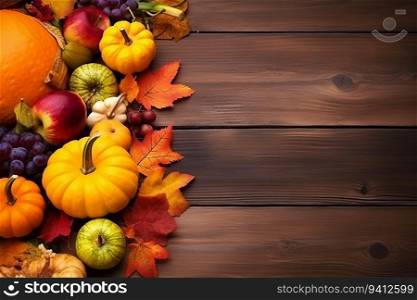 Autumn background with pumpkins, apples, grapes and leaves on wooden table