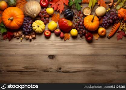 Autumn background with pumpkins, apples, grapes and leaves on wooden table