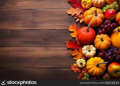 Autumn background with pumpkins, grapes and leaves on wooden table