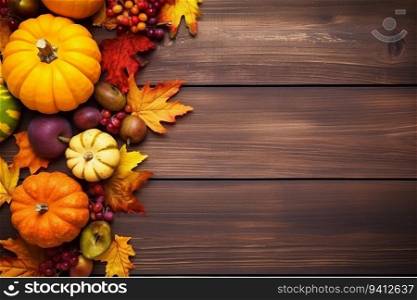 Autumn background with pumpkins, leaves and berries on wooden table