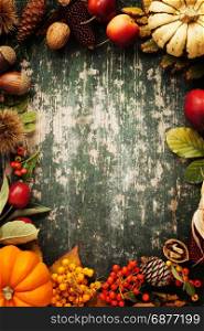 Autumn background with seasonal fruits, vegetables and leaves