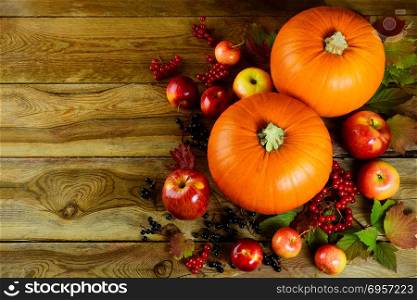 Autumn background with seasonal vegetables and fruits. Autumn background with seasonal vegetables and fruits. Thanksgiving greeting card with pumpkins, berries and apples.