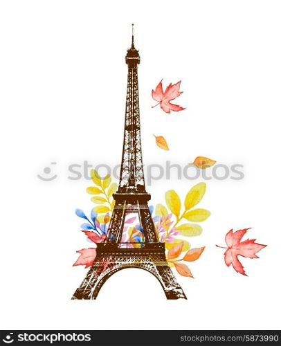 Autumn background with watercolor leaves and Eiffel Tower