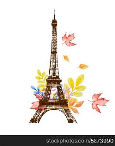 Autumn background with watercolor leaves and Eiffel Tower