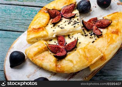 Autumn cake, Italian focaccia with cottage cheese and figs. Italian focaccia with fig