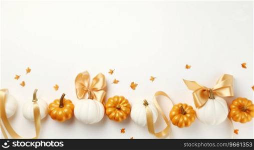 Autumn card with ribbon and pumpkins.
