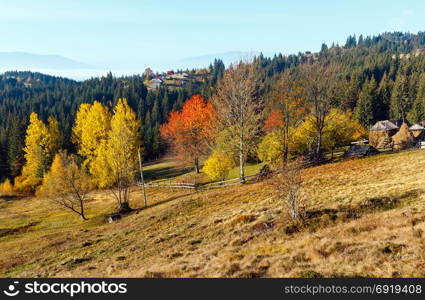 Autumn Carpathian village landscape (Ivano-Frankivsk oblast, Ukraine). Rural scene.