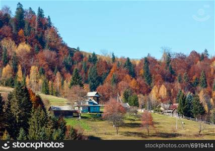 Autumn Carpathian village landscape (Ivano-Frankivsk oblast, Ukraine). Rural scene.