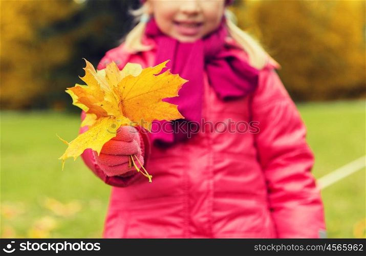 autumn, childhood, season and people concept - close up of happy little girl holding maple leaves bunch outdoors