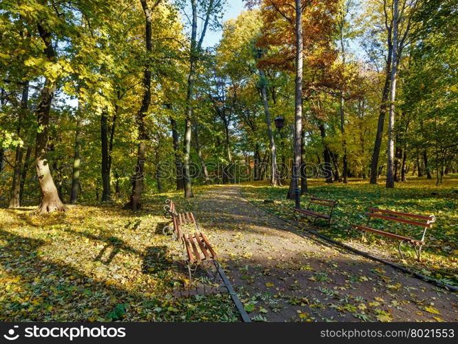 Autumn city park with footpath and benches.