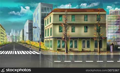 Autumn cityscape with a buildings, streets and cars. Motion graphic background.