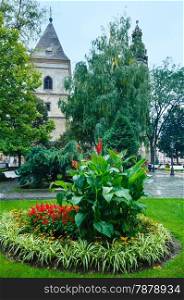 Autumn cloudy Kosice City (Slovakia) landscape with flower bad. All people are unrecognizable.