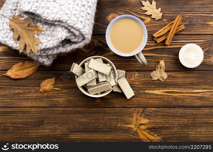 autumn coffee wafers layout wooden background