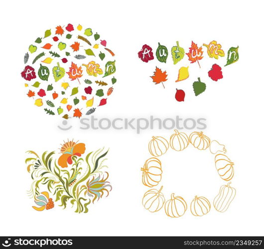 Autumn collection with pumpkins. Set of autumn leaves frames. Set of colorful autumn leaves. Autumn leaves on white background