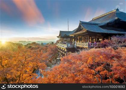 Autumn Color of Kyoto skyline and Kiyomizu-dera Temple in Kyoto, Japan at sunset