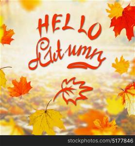 Autumn colorful falling leaves on sunny day with text lettering Hello Autumn, outdoor fall nature background, frame