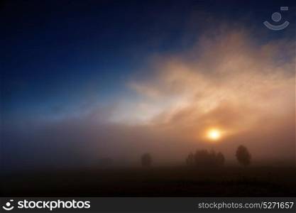 Autumn colorful foggy morning. Misty sunrise in the wild meadows. Sky and clouds