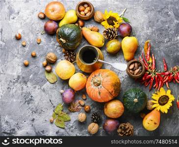 Autumn composing with pumpkin, fruit and fall leaves.Autumn still life. Autumn fall still life