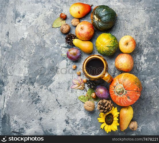 Autumn composing with pumpkin, fruit and fall leaves.Fall season. Beautiful autumn composition