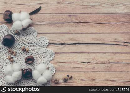 Autumn composition. Dried white fluffy cotton flower, knitted napkin and chestnut top view on white wood with copy space. Floral composition. Flat lay. Autumn composition. Dried white fluffy cotton flower and knitted napkin top view on white wood with copy space. Floral composition
