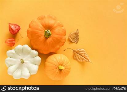 Autumn composition. Fresh three pattypan squash, pumpkin and autumn leaves herbarium on yellow background with copy space. Top view Flat lay Template for your design, invitation, greeting card.. Autumn composition. Fresh three pattypan squash, pumpkin and autumn leaves herbarium on yellow background with copy space. Top view Flat lay Template for your design, invitation, greeting card