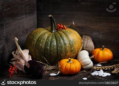 Autumn composition in wooden box