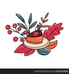 Autumn composition piece of cake, foliage and berries. Fall seasonal cozy decor. Picture pie with cherries on background of colorful autumn leaves. Themed autumn sticker isolated vector illustration. Autumn composition piece of cake, foliage and berries