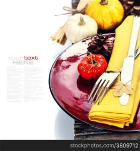 Autumn composition ( pumpkins, wheat and corn on old wooden table). Thanksgiving day concept (with easy removable sample text)