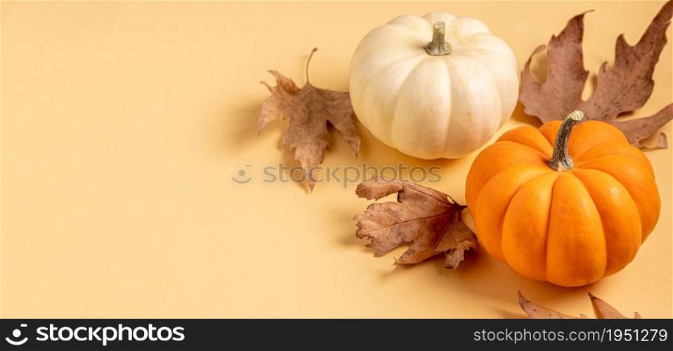 Autumn composition with creative top view autumn leaves and mini pumpkins.