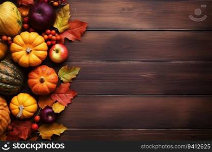 Autumn composition with pumpkins, apples and berries on wooden background