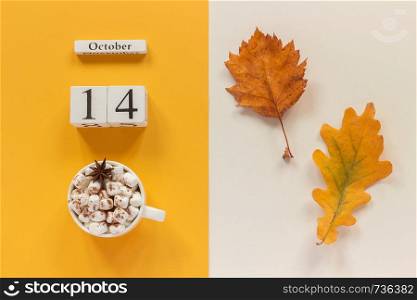 Autumn composition. Wooden calendar October 14 , cup of cocoa with marshmallows and yellow autumn leaves on yellow beige background. Top view Flat lay Mockup Concept Hello September.. Autumn composition. Wooden calendar October 14, cup of cocoa with marshmallows and yellow autumn leaves on yellow beige background. Top view Flat lay Mockup Concept Hello September