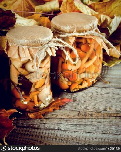 Autumn concept. Preserved food in glass jars on a wooden board. Marinated mushrooms. Autumn concept. Preserved food in glass jars