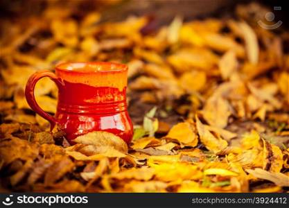 Autumn concept. Red mug with hot drink beverage outdoor on autumnal fallen yellow leaves.