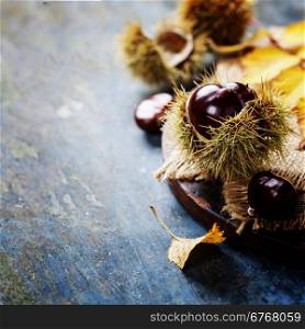 Autumn concept with Chestnuts and leaves on wooden board