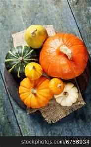 Autumn concept with decorative pumpkins on wooden board