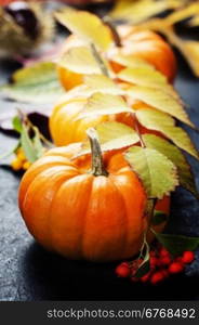 Autumn concept with seasonal fruits and vegetables on wooden board