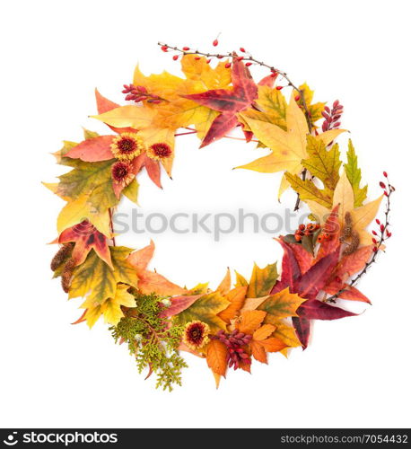 Autumn Concept: Wreath of Maple and Oak Leaves, Red Berries, Flowers and Pumpkins of Orange, Yellow and Red Colors on the White Background.