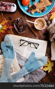 autumn cozy composition at wooden table. life style concept. flat lay